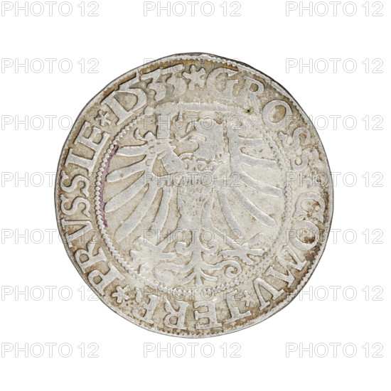 Prussian grosz, Sigismund I the Old (King of Poland; 1506–1548). Obverse: Crowned male bust in profile turned to the right; rim inscription: .SIGIS.I.REX.PO.DO.TOCI.PRVSS. Reverse: The Eagle of Royal Prussia; rim inscription: .GROSS.COMV.TERR.PRVSSIE.1533. Date: 1533, Torun, Poland. Coin, silver; diameter 22.5–23.0 mm; weight 1.74 g. R8 (rarity). Subjects/themes: eagles, Polish coins, Jagiellonians (dynasty), coats of arms, royal bust, iconography of Sigismund I.