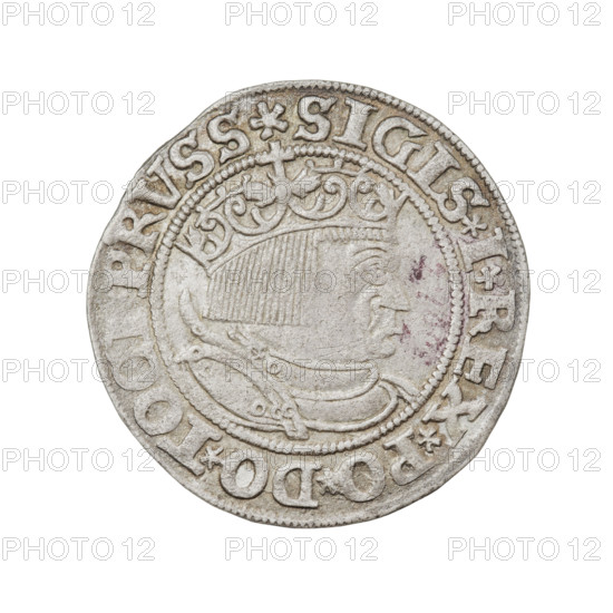 Prussian grosz, Sigismund I the Old (King of Poland; 1506–1548). Obverse: Crowned male bust in profile turned to the right; in the rim between pearly borders an inscription: .SIGIS.I.REX.PO.DO.TOCI.PRVSS. Reverse: The Eagle of Royal Prussia; in the rim between the pearl borders the inscription: .GROSS.COMV.TER. .PRVSS.1533. Date: 1533, Torun, Poland. Coin; diameter 22.7–23.0 mm, weight 1.99 g. Subjects/styles: eagles, coats of arms, royal bust, Jagiellonian dynasty, iconography of Sigismund I. Rarity: R8.