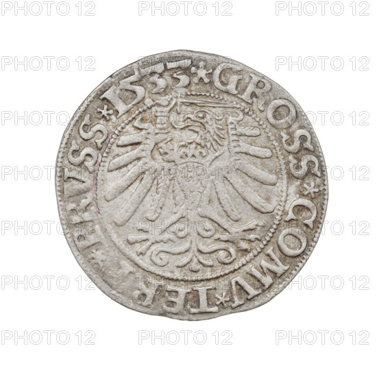 Prussian grosz, Sigismund I the Old (King of Poland; 1506–1548). Obverse: Crowned male bust in profile turned to the right; in the rim between pearl borders an inscription: .SIGIS.I.REX.PO.DO.TOCI.PRVSS. Reverse: The Eagle of Royal Prussia; in the rim between the pearl borders the inscription: .GROSS.COMV.TER .PRVSS.1533. Date: 1533, Torun, Poland. Coin. Diameter 22.7–23.0 mm. Weight 1.99 g. R8 (rarity). Subjects/themes: eagles, Polish coins, Jagiellonians (dynasty), coats of arms, male/royal bust; iconography: Sigismund I the Old (1467–1548).