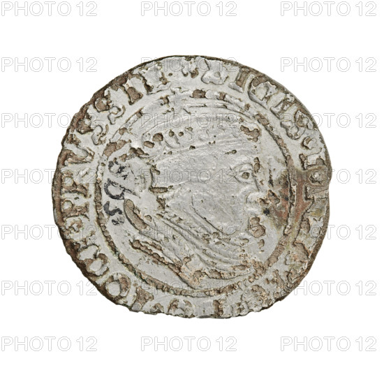 Prussian grosz, Sigismund I the Old (King of Poland; 1506–1548). Obverse: Crowned male bust in profile turned to the right; in the rim between pearly borders an inscription: .SIGIS.IR, OCI.PRVSSIE. Reverse: The Eagle of Royal Prussia; in the rim between the pearly borders the inscription: .MV.TERR.PRVS. Date: 1533, Torun, Poland. Coin; diameter 21.5–23.0 mm, weight 1.8 g. Subjects/themes: eagles, Polish coins, Jagiellonians (dynasty), coats of arms, male/royal bust; iconography of Sigismund I the Old. R8 (rarity).