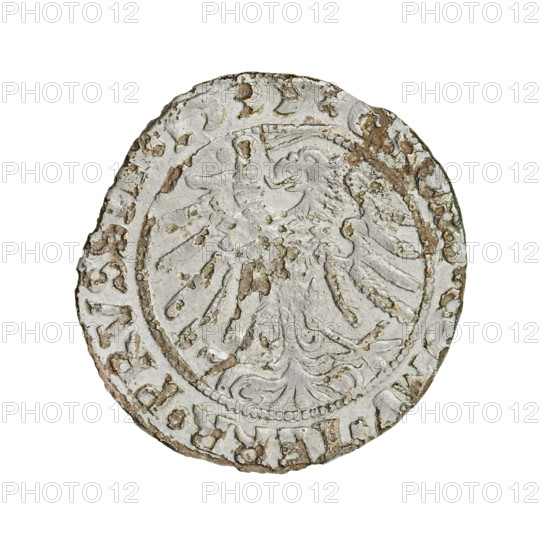 Prussian grosz, Sigismund I the Old (King of Poland; 1506–1548). Obverse: Crowned male bust in profile turned to the right, in the rim between pearly borders an inscription: .SIGIS.IR, OCI.PRVSSIE. Reverse: The Eagle of Royal Prussia, in the rim between the pearl borders the inscription: .MV.TERR.PRVS. Date: 1533, Torun, Poland. Coin; silver; diameter 21.5–23.0 mm; weight 1.8 g. R8 (rarity). Subjects/attributes: eagles, coats of arms, male/royal bust, Jagiellonians (dynasty), iconography of Sigismund I the Old.