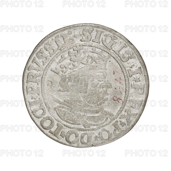 Prussian grosz, Sigismund I the Old (King of Poland; 1506–1548). Obverse: crowned male bust in profile turned to the right; in the rim between pearly borders an inscription: .SIGIS.I.REX.PO.DO.TOCI.PRVSSIE. Reverse: the Eagle of Royal Prussia; in the rim between pearl borders the inscription: .GROSS.COMV.TERR.PRVSSIE. 1534. Torun, Poland. Coin; diameter 22.8–23.4 mm; weight 1.84 g.