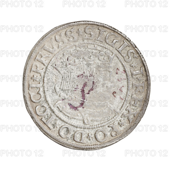 Prussian grosz, Sigismund I the Old (King of Poland; 1506–1548). Obverse: Crowned male bust in profile turned to the right; in the rim between pearly borders the inscription: .SIGIS.I.REX.PO.DO.TOCI.PRVSS. Reverse: The Eagle of Royal Prussia; in the rim between the pearl borders the inscription: .GROSS.COMV.TERR.PRVSSIE.1534. Date: 1534. Place: Torun, Poland. Coin; diameter 23.4–24.0 mm; weight 1.89 g.