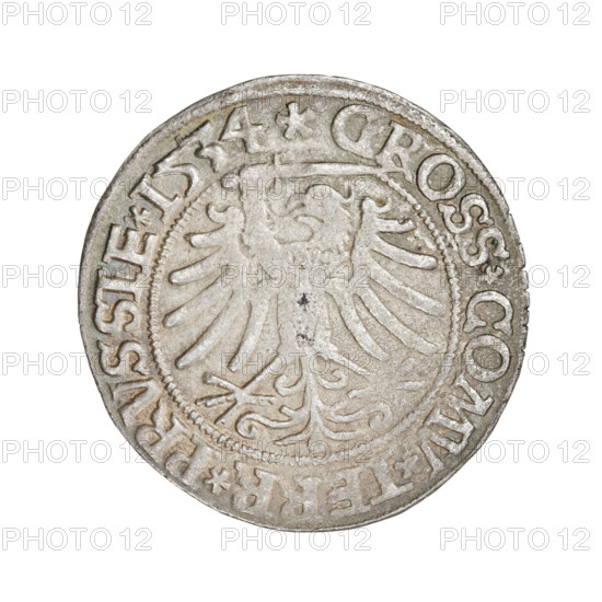 Prussian grosz, Sigismund I the Old (King of Poland; 1506–1548). Obverse: Crowned male bust in profile turned to the right, in the rim between pearly borders an inscription: .SIGIS.I.REX.PO.DO.TOCI.PRVSS Rw. Reverse: The Eagle of Royal Prussia, in the rim between the pearl borders the inscription: .GROSS.COMV.TERR.PRVSSIE.1534. 1534, Torun, Poland. Coin; diameter 23.4–24.0 mm; weight 1.89 g. Tags/subjects: eagles, Polish coins, Jagiellonians (dynasty), coats of arms, royal bust, Sigismund I the Old — iconography.
