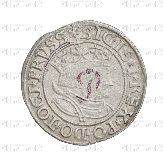 Prussian grosz, Sigismund I the Old (King of Poland; 1506–1548). Obverse: Crowned male bust in profile turned to the right; rim inscription: .SIGIS.I.REX.PO.DO.TOCI.PRVSS. Reverse: The Eagle of Royal Prussia; rim inscription: .GROSS.COMV.TERR.PRVSSIE.1534. Date: 1534. Place: Torun, Poland. Coin, diameter 22.8–23.6 mm, weight 2 g.