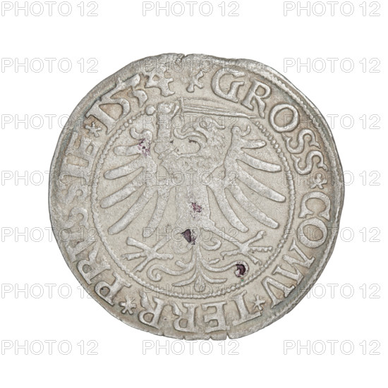 Prussian grosz, Sigismund I the Old (King of Poland; 1506–1548). Obverse: Crowned male bust in profile turned to the right; in the rim between pearly borders the inscription: .SIGIS.I.REX.PO.DO.TOCI.PRVSS Rw. Reverse: The Eagle of Royal Prussia; in the rim between the pearl borders the inscription: .GROSS.COMV.TERR.PRVSSIE.1534. Dated 1534, Torun, Poland. Coin; diameter 22.8–23.6 mm, weight 2 g.