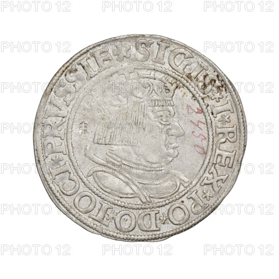 Prussian grosz, Sigismund I the Old (King of Poland; 1506–1548). Obv.: Crowned male bust in profile turned to the right; in the rim between the pearly borders an inscription: .SIGIS.I.REX.PO.DO.TOCI.PRVSSIE. Rev.: The Eagle of Royal Prussia; in the rim between the pearl borders the inscription: .GROSS.COMV.TERR.PRVSSIE. 1534. Torun, Poland. Coin; diameter 23.4–23.8 mm; weight 1.9 g. Subjects/themes: eagles, Polish coins, Jagiellonians (dynasty), coats of arms, royal bust, iconography of Sigismund I the Old.