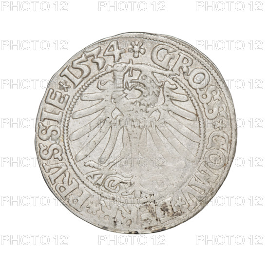 Prussian grosz, Sigismund I the Old (King of Poland; 1506–1548). Obverse: Crowned male bust in profile turned to the right; in the rim between the pearly borders an inscription: .SIGIS.I.REX.PO.DO.TOCI.PRVSSIE. Reverse: The Eagle of Royal Prussia; in the rim between the pearly borders the inscription: .GROSS.COMV.TERR.PRVSSIE. Dated 1534, Torun, Poland. Coin; diameter 23.4–23.8 mm, weight 1.9 g. Subjects: eagles, Polish coins, Jagiellonians (dynasty), coats of arms, royal bust, iconography of Sigismund I the Old.