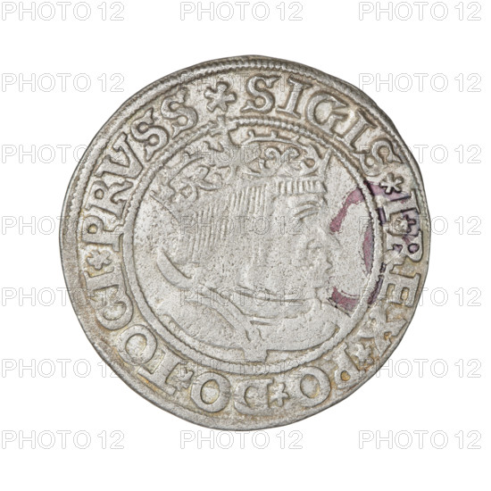 Prussian grosz, Sigismund I the Old (King of Poland; 1506–1548). Obverse: Crowned male bust in profile turned to the right; in the rim between pearly borders an inscription: .SIGIS.I.REX.PO.DO.TOCI.PRVSS. Reverse: The Eagle of Royal Prussia; in the rim between the pearl borders the inscription: .GROSS.COMV., ERR.PRVSSIE.1534. Date: 1534, Torun, Poland. Coin; diameter 23.3–23.5 mm; weight 1.82 g. Subjects/icons: eagles, coats of arms, male/royal bust, Jagiellonians (dynasty), Sigismund I the Old — iconography.