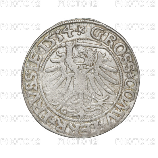 Prussian grosz, Sigismund I the Old (King of Poland; 1506–1548). Obverse: Crowned male bust in profile turned to the right; in the rim between pearly borders an inscription: .SIGIS.I.REX.PO.DO.TOCI.PRVSS Rw. Reverse: The Eagle of Royal Prussia; in the rim between the pearl borders the inscription: .GROSS.COMV., ERR.PRVSSIE.1534. Date: 1534. Place: Torun, Poland. Coin. Diameter ca. 23.3–23.5 mm. Weight 1.82 g. Subjects: eagles, coats of arms, male/royal bust, Jagiellonians (dynasty); iconography of Sigismund I the Old.