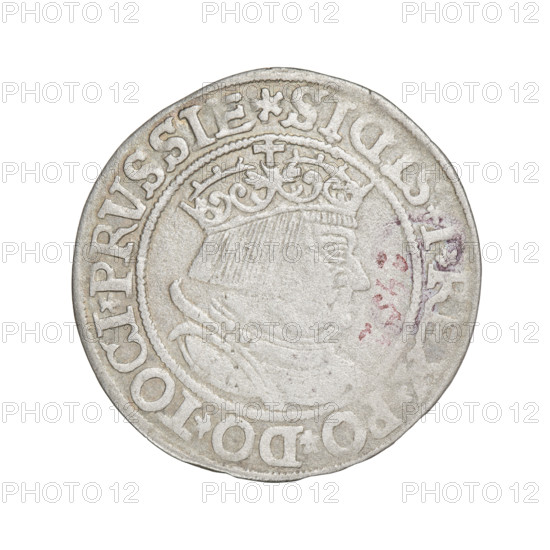 Prussian grosz, Sigismund I the Old (King of Poland; 1506–1548). Obverse: Crowned male bust in profile turned to the right; in the rim between pearly borders an inscription: .SIGIS.I.REX.PO.DO.TOCI.PRVSSIE. Reverse: The Eagle of Royal Prussia; in the rim between the pearl borders the inscription: .GROSS.COM.TERR.PRVSSIE. 1534. Torun, Poland. Coin. Diameter 22.8–23.4 mm. Weight 1.77 g. Subjects: eagles, Polish coins, Jagiellonians (dynasty), coats of arms, male/royal bust, iconography of Sigismund I the Old.
