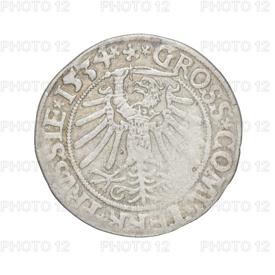 Prussian grosz, Sigismund I the Old (King of Poland; 1506–1548). Obverse: Crowned male bust in profile facing right; in the rim between pearly borders the inscription '.SIGIS.I.REX.PO.DO.TOCI.PRVSSIE'. Reverse: The Eagle of Royal Prussia; in the rim between the pearl borders the inscription '.GROSS.COM, TERR.PRVSSIE.1534'. Date: 1534. Place: Torun, Poland. Subject/attributes: eagles, coats of arms, royal bust; Jagiellonian dynasty iconography. Medium: coin. Diameter: ca. 22.8–23.4 mm. Weight: 1.77 g.