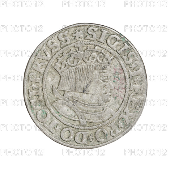 Prussian grosz, Sigismund I the Old (King of Poland; 1506–1548). Obverse: Crowned male bust in profile turned to the right; rim inscription: .SIGIS.I.REX.PO.DO.TOCI.PRVSS. Reverse: The Eagle of Royal Prussia; rim inscription: .GROSS.COMV.TERR.PRVSSIE.1534. Date: 1534, Torun, Poland. Coin; diameter 23.0–23.5 mm, weight 1.69 g.
