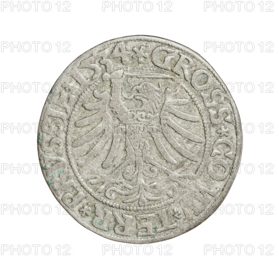 Prussian grosz, Sigismund I the Old (King of Poland; 1506–1548). Obverse: Crowned male bust in profile turned to the right; in the rim between the pearl borders an inscription: .SIGIS.I.REX.PO.DO.TOCI.PRVSS. Reverse: The Eagle of Royal Prussia; in the rim between the pearl borders the inscription: .GROSS.COMV.TERR.PRVSSIE.1534. 1534, Torun, Poland. Coin; diameter 23.0–23.5 mm; weight 1.69 g.