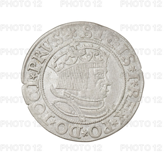 Prussian grosz, Sigismund I the Old (King of Poland; 1506–1548). Obverse: Crowned male bust in profile turned to the right; in the rim between pearly borders an inscription: .SI, IS.I.REX.PO.DO.TOCI.PRV. Reverse: The Eagle of Royal Prussia; in the rim between the pearl borders the inscription: ROSS.CO, MV.TER, .PRVSSISIE.1534. Dated 1534, Torun, Poland. Coin; diameter 22.8–23.5 mm, weight 1.9 g.