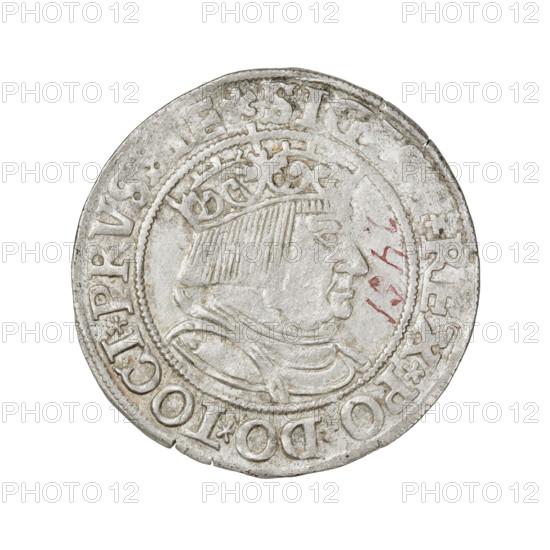 Prussian grosz, Sigismund I the Old (King of Poland; 1506–1548). Obverse: Crowned male bust in profile turned to the right, in the rim between pearly borders an inscription: .SIG, .REX.PO.DO.TOCI.PRVS. Reverse: The Eagle of Royal Prussia, in the rim between the pearl borders the inscription: .GROSS.COMV., R.PR, SSIE. 1534. 1534, Torun, Poland. Coin; diameter 23.0–23.7 mm; weight 2.4 g.
