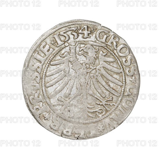 Prussian grosz, Sigismund I the Old (King of Poland; 1506–1548). Obverse: Crowned male bust in profile turned to the right; in the rim between pearly borders an inscription: .SIG. .REX.PO.DO.TOCI.PRVS. Reverse: The Eagle of Royal Prussia; in the rim between the pearl borders the inscription: .GROSS.COMV. R.PR SSIE. 1534. Date: 1534. Mint: Torun, Poland. Coin; diameter 23.0–23.7 mm; weight 2.4 g. Subjects: eagles, Polish coins, Jagiellonians (dynasty), coats of arms, Eagle (coat of arms), male/royal bust; iconography of Sigismund I the Old.