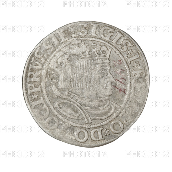 Prussian grosz, Sigismund I the Old (King of Poland; 1506–1548). Obv.: Crowned male bust in profile turned to the right; in the rim between pearly borders an inscription: .SIGIS.I.RE, .PO.DO., .PRVSSIE. Rev.: The Eagle of Royal Prussia; in the rim between the pearl borders the inscription: .GROSS.C, V.TERR., VSSI. 1534. 1534, Torun, Poland. Coin; diameter 22.7–23.3 mm; weight 1.87 g. Subjects: eagles, Polish coins, Jagiellonians (dynasty), coats of arms, Eagle (coat of arms), male busts, royal bust, Sigismund I the Old — iconography.