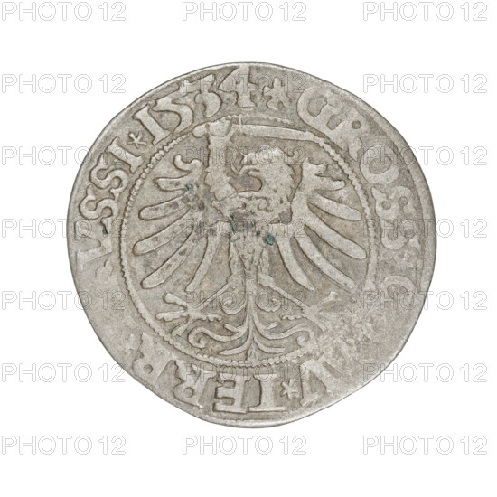 Prussian grosz, Sigismund I the Old (King of Poland; 1506–1548). Obverse: Crowned male bust in profile turned to the right, in the rim between pearly borders an inscription: .SIGIS.I.RE, .PO.DO., .PRVSSIE. Reverse: The Eagle of Royal Prussia, in the rim between the pearl borders the inscription: .GROSS.C, V.TERR., VSSI. 1534. 1534. Torun, Poland. Coin; diameter 22.7–23.3 mm; weight 1.87 g.