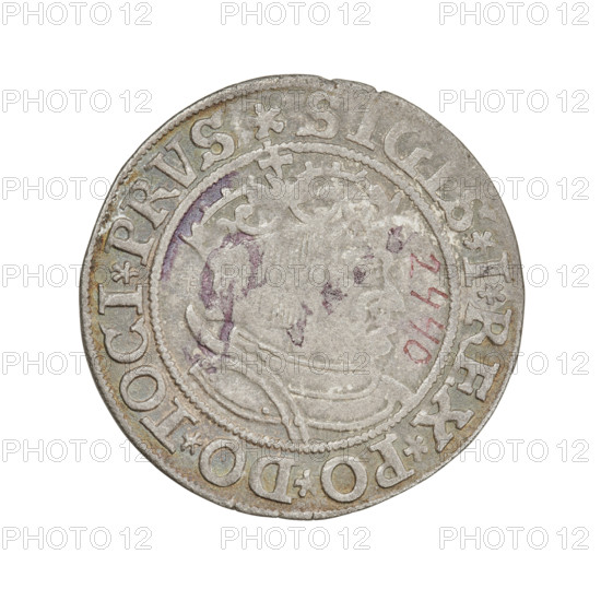 Prussian grosz, Sigismund I the Old (King of Poland; 1506–1548). Obverse: Crowned male bust in profile turned to the right; in the rim between pearly borders an inscription: .SIGIS.I.REX.PO.DO.TOCI.PRVS. Reverse: The Eagle of Royal Prussia; in the rim between pearl borders the inscription: .GROSS.COMV.TERR.PRVSSIE.1534. Dated 1534, Torun, Poland. Coin; diameter 23.1–23.3 mm, weight 1.77 g.
