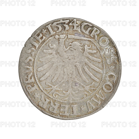 Prussian grosz of Sigismund I the Old (King of Poland; 1506–1548). Obverse: Crowned male bust in profile turned to the right; in the rim between pearly borders an inscription: .SIGIS.I.REX.PO.DO.TOCI.PRVS. Reverse: The Eagle of Royal Prussia; in the rim between pearl borders the inscription: .GROSS.COMV.TERR.PRVSSIE.1534. Dated 1534, Torun, Poland. Coin; diameter 23.1–23.3 mm, weight 1.77 g.