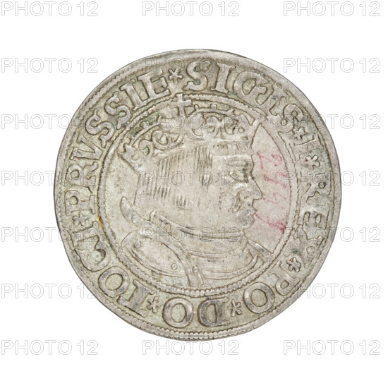 Prussian grosz, Sigismund I the Old (King of Poland; 1506–1548). Obverse: Crowned male bust in profile turned to the right; in the rim between the pearly borders an inscription: .SIGIS.I.REX.PO.DO.TOCI.PRVSSIE. Reverse: The Eagle of Royal Prussia; in the rim between the pearl borders the inscription: .GROSS.COMV.TERR.PRVSSIE.1534. 1534, Torun, Poland. Coin; diameter 23.3–23.7 mm, weight 1.9 g.