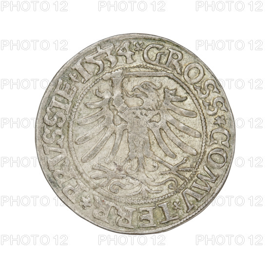 Prussian grosz, Sigismund I the Old (King of Poland; 1506–1548). Obverse: crowned male bust in profile turned to the right; in the rim between the pearly borders an inscription: .SIGIS.I.REX.PO.DO.TOCI.PRVSSIE. Reverse: the Eagle of Royal Prussia; in the rim between the pearl borders the inscription: .GROSS.COMV.TERR.PRVSSIE. Dated 1534. Torun, Poland. Coin; diameter 23.3–23.7 mm, weight 1.9 g. Subjects: eagles, Polish coins, Jagiellonians (dynasty), coats of arms, male/royal bust; iconography of Sigismund I the Old.