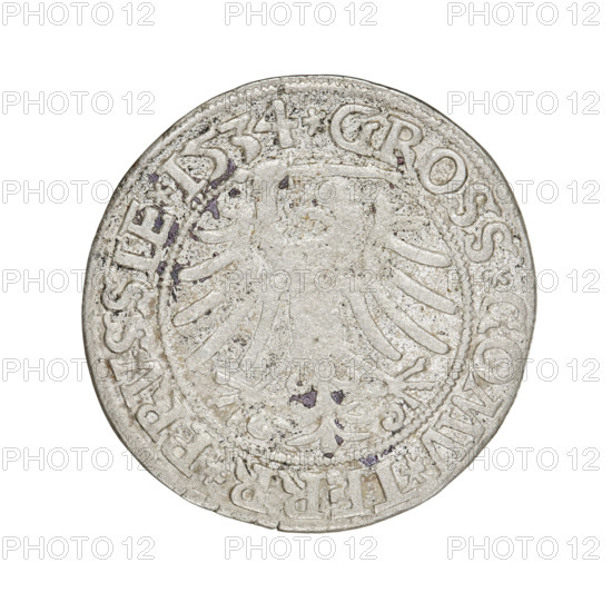 Prussian grosz, Sigismund I the Old (King of Poland; 1506–1548). Obverse: Crowned male bust in profile turned to the right; in the rim between the pearl borders an inscription: .SIGIS.I.REX.PO.DO.TOCI.PRVSS. Reverse: The Eagle of Royal Prussia; in the rim between the pearl borders the inscription: .GROSS.COMV.TERR.PRVSSIE.1534. Date: 1534, Torun, Poland. Coin; diameter 23.2–23.4 mm; weight 1.79 g. Subjects: eagles, Polish coins, Jagiellonians (dynasty), coats of arms, royal/male bust, iconography of Sigismund I the Old.