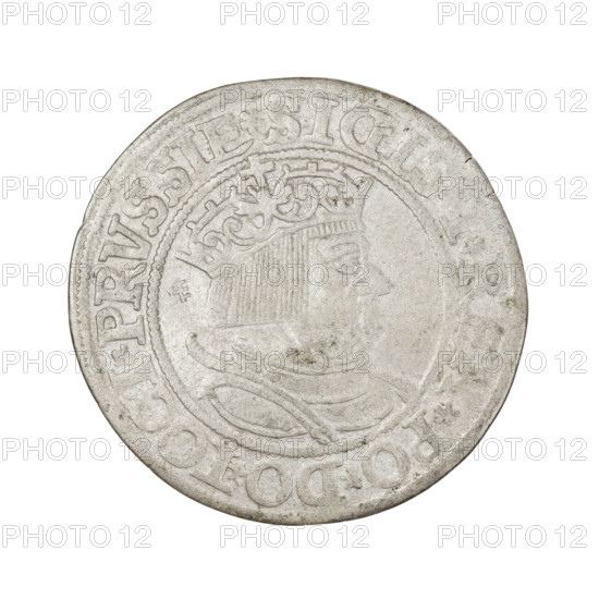 Prussian grosz, Sigismund I the Old (King of Poland; 1506–1548). Obverse: Crowned male bust in profile turned to the right; in the rim between the pearl borders an inscription: .SIGIS.I.REX.PO.DO.TOCI.PRVSSIE. Reverse: The Eagle of Royal Prussia; in the rim between the pearl borders the inscription: .GRO, SS.COMV.TERR.PRVSSI1534. Dated 1534, Torun, Poland. Coin; diameter 23.5–24.0 mm, weight 1.9 g. Subjects: eagles, Polish coins, Jagiellonians (dynasty), coats of arms, eagle (coat of arms), male/royal bust; iconography of Sigismund I the Old.