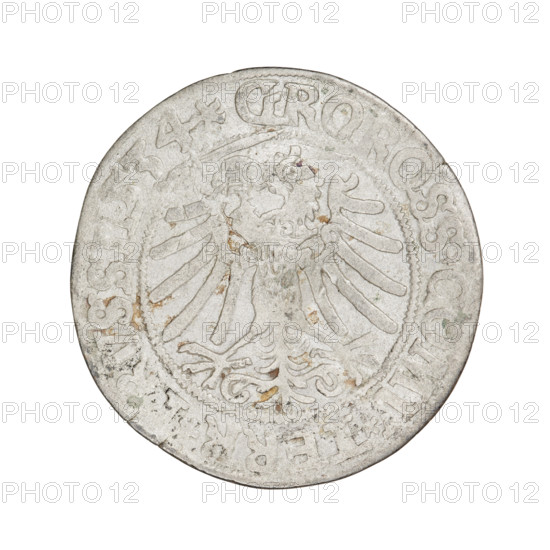 Prussian grosz, Sigismund I the Old (King of Poland; 1506–1548). Obverse: Crowned male bust in profile turned to the right; in the rim between pearl borders an inscription: .SIGIS.I.REX.PO.DO.TOCI.PRVSSIE. Reverse: The Eagle of Royal Prussia; in the rim between the pearl borders the inscription: .GRO,SS.COMV.TERR.PRVSSI1534. Dated 1534, Torun, Poland. Coin; diameter 23.5–24.0 mm, weight 1.9 g.