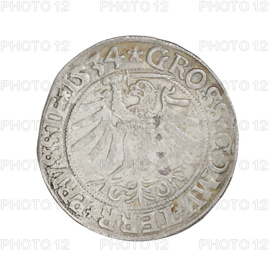 Prussian grosz, Sigismund I the Old (King of Poland; 1506–1548). Obverse: Crowned male bust in profile turned to the right; in the rim between pearly borders an inscription: .SIGIS.I.REX.PO.DO.TOCI.PRVSSI. Reverse: The Eagle of Royal Prussia; in the rim between the pearl borders the inscription: .GROSS.COMV.TERR.PRVSSIE.1534. 1534, Torun, Poland. Coin; diameter 23.0–23.7 mm; weight 1.5 g.