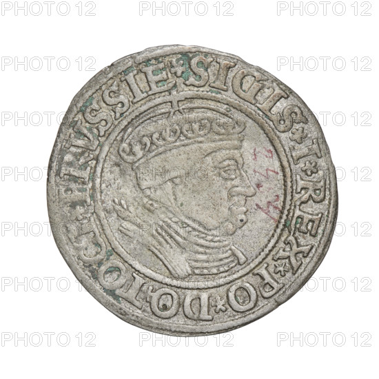 Prussian grosz, Sigismund I the Old (King of Poland; 1506–1548). Obverse: Crowned male bust in profile turned to the right; in the rim between the pearly borders an inscription: .SIGIS.I.REX.PO.DO.TOCI.PRVSSIE. Reverse: The Eagle of Royal Prussia; in the rim between the pearl borders the inscription: .GROSS.COMV.TERR.PRVSSIE. 1534. Torun, Poland. Coin; diameter 23.5–24.0 mm; weight 1.8 g.