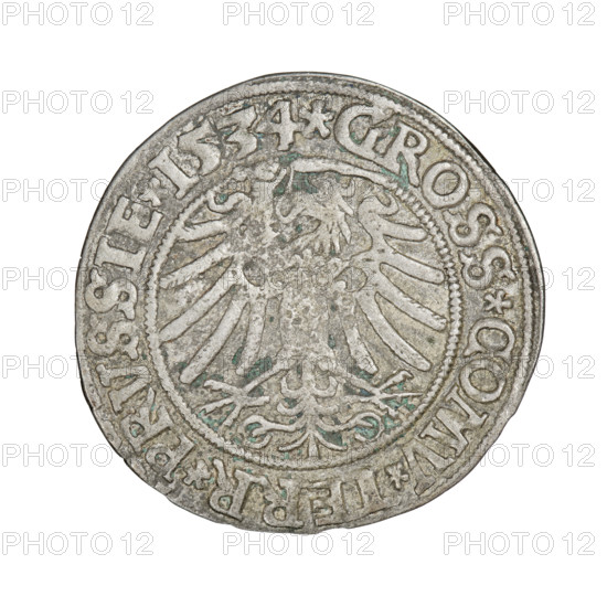 Prussian grosz, Sigismund I the Old (King of Poland; 1506–1548). Obverse: Crowned male bust in profile facing right; in the rim between pearl borders the inscription: .SIGIS.I.REX.PO.DO.TOCI.PRVSSIE. Reverse: The Eagle of Royal Prussia; in the rim between the pearl borders the inscription: .GROSS.COMV.TERR.PRVSSIE. 1534. Torun, Poland. Coin; diameter 23.5–24.0 mm; weight 1.8 g.