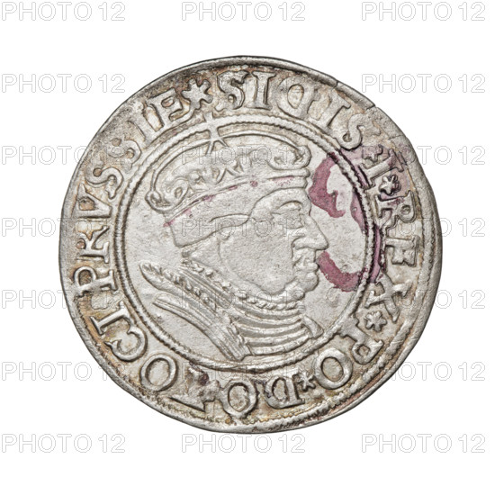 Prussian grosz, Sigismund I the Old (King of Poland; 1506–1548). Obverse: Crowned male bust in profile turned to the right; in the rim between the pearl borders an inscription: .SIGIS.I.REX.PO.DO.TOCI.PRVSSIE. Reverse: The Eagle of Royal Prussia; in the rim between the pearl borders the inscription: .GROSS.COMV.TERR.PRVSSIE. Date: 1534. Place: Torun, Poland. Coin. Diameter: 23.8–24.0 mm. Weight: 1.97 g. Subjects: eagles, Jagiellonians (dynasty), coats of arms, Eagle (coat of arms), male/royal bust; iconography of Sigismund I the Old (1467–1548).