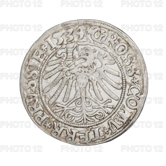 Prussian grosz, Sigismund I the Old (King of Poland; 1506–1548). Obverse: Crowned male bust in profile turned to the right; in the rim between the pearl borders the inscription: .SIGIS.I.REX.PO.DO.TOCI.PRVSSIE. Reverse: The Eagle of Royal Prussia; in the rim between the pearl borders the inscription: .GROSS.COMV.TERR.PRVSSIE. Date: 1534. Place: Torun, Poland. Coin; diameter 23.8–24.0 mm; weight 1.97 g. Motifs: eagles, coats of arms; style: Jagiellonian; subject: royal bust, Sigismund I the Old (iconography).