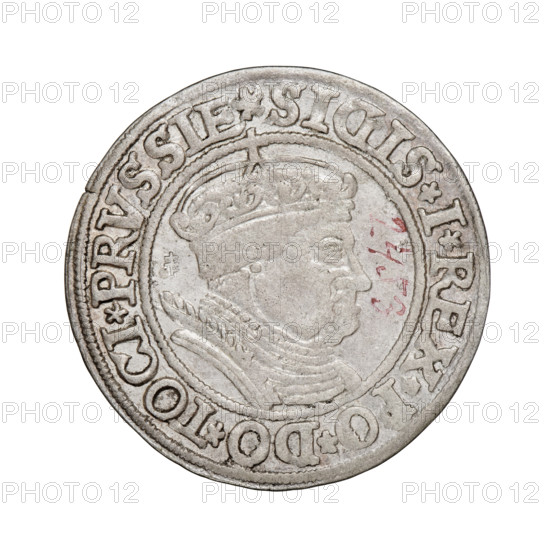 Prussian grosz, Sigismund I the Old (King of Poland; 1506–1548). Obverse: Crowned male bust in profile turned to the right; in the rim between the pearl borders inscription: .SIGIS.I.REX.PO.DO.TOCI.PRVSSIE. Reverse: The Eagle of Royal Prussia; in the rim between the pearl borders inscription: .GROSS.COMV.TERR.PRVSSIE. Date: 1534, Torun, Poland. Coin; diameter 23.8–24.0 mm, weight 1.92 g. Subjects: eagles, coats of arms, male/royal bust; dynasty: Jagiellonians; iconography: Sigismund I the Old.