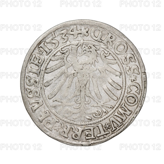 Prussian grosz, Sigismund I the Old (King of Poland; 1506–1548). Obverse: Crowned male bust in profile turned to the right; in the rim between the pearl borders an inscription: .SIGIS.I.REX.PO.DO.TOCI.PRVSSIE. Reverse: The Eagle of Royal Prussia; in the rim between the pearl borders the inscription: .GROSS.COMV.TERR.PRVSSIE. Dated 1534, Torun, Poland. Coin; diameter 23.8–24.0 mm, weight 1.92 g.
