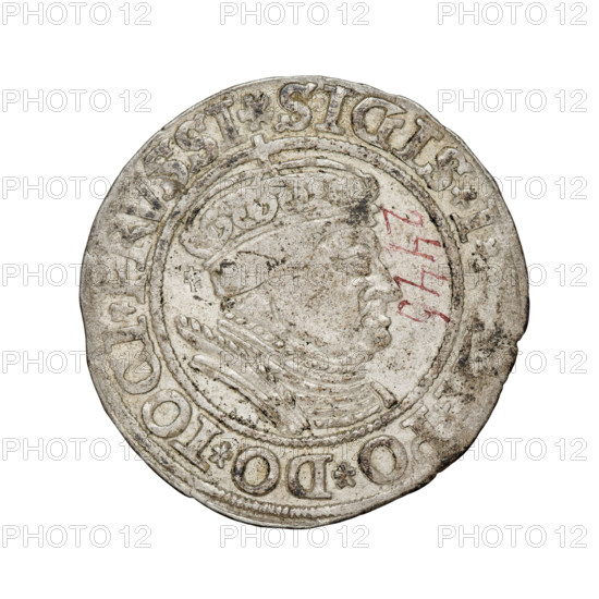 Prussian grosz, Sigismund I the Old (King of Poland; 1506–1548). Obverse: Crowned male bust in profile turned to the right; in the rim between pearly borders an inscription: .SIGIS.I..PO.DO.TOCI. Reverse: The Eagle of Royal Prussia; in the rim between the pearl borders the inscription: ROSS.COMV.TE, R.PRVSSIE. Date: 1534, Torun, Poland. Coin; diameter 22.8–23.0 mm, weight 1.78 g. Subjects: eagles, Polish coins, Jagiellonians (dynasty), coats of arms, male/royal bust; iconography: Sigismund I the Old.
