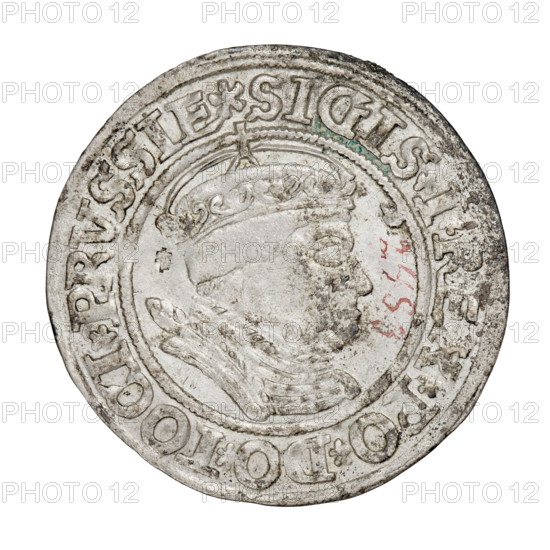 Prussian grosz, Sigismund I the Old (King of Poland; 1506–1548). Obverse: Crowned male bust in profile turned to the right; in the rim between the pearly borders an inscription: .SIGIS.I.REX.PO.DO.TOCI.PRVSSIE. Reverse: The Eagle of Royal Prussia; in the rim between the pearly borders the inscription: .GROSS.COMV.TERR.PRVSSIE. 1535, Torun, Poland. Coin; diameter 24.4–24.6 mm; weight 1.85 g. Subjects: eagles, Polish coins, Jagiellonians (dynasty), coats of arms, Eagle (coat of arms), male royal bust, Sigismund I the Old — iconography.