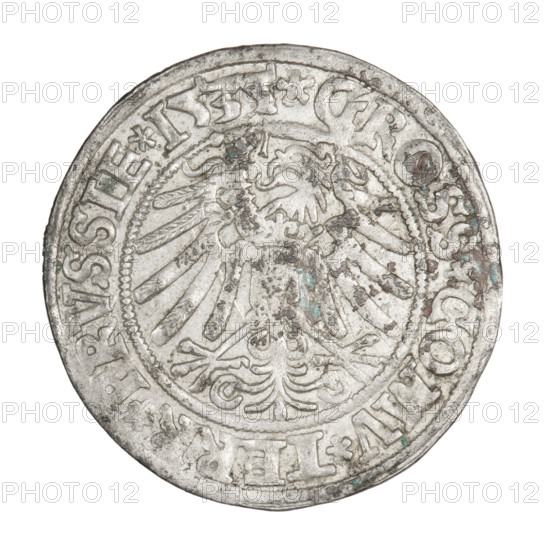 Prussian grosz, Sigismund I the Old (King of Poland; 1506–1548). Obverse: Crowned male bust in profile facing right; in the rim between the pearl borders an inscription: .SIGIS.I.REX.PO.DO.TOCI.PRVSSIE. Reverse: The Eagle of Royal Prussia; in the rim between the pearl borders the inscription: .GROSS.COMV.TERR.PRVSSIE. Dated 1535, Torun, Poland. Coin; diameter 24.4–24.6 mm, weight 1.85 g. Subjects: eagles, Polish coins, Jagiellonians (dynasty), coats of arms, Eagle (coat of arms), male royal bust, iconography of Sigismund I the Old.