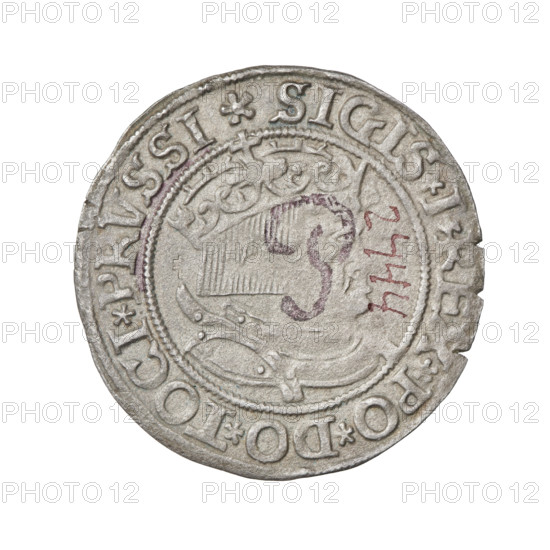 Prussian grosz, Sigismund I the Old (King of Poland; 1506–1548). Obverse: Crowned male bust in profile turned to the right; in the rim between the pearl borders the inscription: .SIGIS.I.REX.PO.DO.TOCI.PRVSSI. Reverse: The Eagle of Royal Prussia; in the rim between the pearl borders the inscription: .GROSS.COMV.TERR.PRVSSI. Dated 1534, Torun, Poland. Coin; diameter 23.1–23.3 mm; weight 1.6 g.