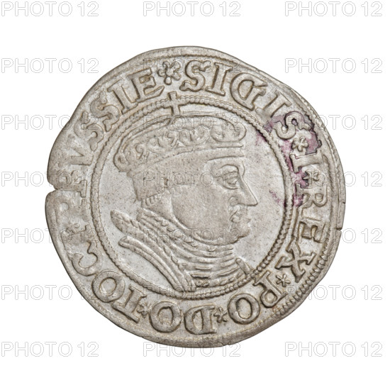 Prussian grosz, Sigismund I the Old (King of Poland; 1506–1548). Obverse: Crowned male bust in profile turned to the right; in the rim between the pearl borders an inscription: .SIGIS.I.REX.PO.DO.TOCI.PRVSSIE. Reverse: The Eagle of Royal Prussia; in the rim between the pearl borders the inscription: .GROSS.COMV.TERR.PRVSSIE. Dated 1535, Torun, Poland. Coin; diameter 23.8–24.2 mm, weight 2.4 g.