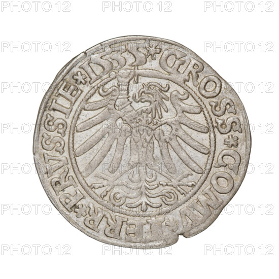 Prussian grosz, Sigismund I the Old (King of Poland; 1506–1548). Obverse: Crowned male bust in profile turned to the right; in the rim between the pearl borders an inscription: .SIGIS.I.REX.PO.DO.TOCI.PRVSSIE. Reverse: The Eagle of Royal Prussia; in the rim between the pearl borders the inscription: .GROSS.COMV.TERR.PRVSSIE. 1535. Torun, Poland. Coin; diameter 23.8–24.2 mm; weight 2.4 g. Subjects/attributes: eagles, coats of arms, male/royal bust, Jagiellonian dynasty; iconography of Sigismund I the Old.