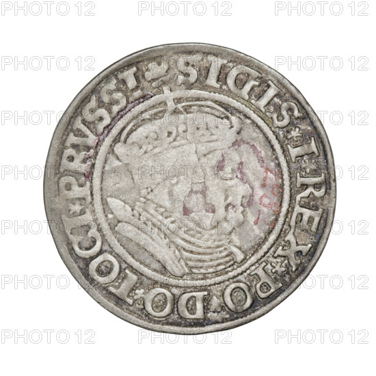 Prussian grosz, Sigismund I the Old (King of Poland; 1506–1548). Obverse: Crowned male bust in profile turned to the right; in the rim between the pearl borders an inscription: .SIGIS.I.REX.PO.DO.TOCI.PRVSSI. Reverse: The Eagle of Royal Prussia; in the rim between the pearl borders the inscription: .GROSS.COMV.TERR.PRVSSIE.1535. 1535, Torun, Poland. Coin; diameter 24.0 mm; weight 1.72 g.