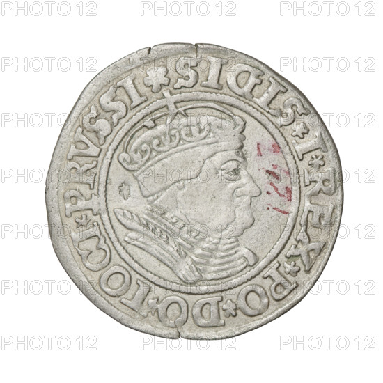 Prussian grosz, Sigismund I the Old (King of Poland; 1506–1548). Obverse: Crowned male bust in profile turned to the right; in the rim between the pearl borders an inscription: .SIGIS.I.REX.PO.DO.TOCI.PRVSSI. Reverse: The Eagle of Royal Prussia; in the rim between the pearl borders the inscription: .GROSS.COMV.TERR.PRVSSIE.1535. Date: 1535, Torun, Poland. Coin; diameter 24.0–24.6 mm, weight 1.9 g. Subjects: eagles, Polish coins, Jagiellonians (dynasty), coats of arms, royal bust, Sigismund I the Old — iconography.