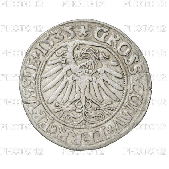 Prussian grosz, Sigismund I the Old (King of Poland; 1506–1548). Obverse: Crowned male bust in profile turned to the right; in the rim between the pearl borders an inscription: .SIGIS.I.REX.PO.DO.TOCI.PRVSSI Rw. Reverse: The Eagle of Royal Prussia; in the rim between the pearl borders the inscription: .GROSS.COMV.TERR.PRVSSIE.1535. Date: 1535, Torun, Poland. Coin; diameter 24.0–24.6 mm, weight 1.9 g. Categories: eagles, Polish coins, Jagiellonians (dynasty), coats of arms, royal bust, Sigismund I the Old — iconography.
