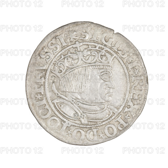 Prussian grosz, Sigismund I the Old (King of Poland; 1506–1548). Obverse: Crowned male bust in profile turned to the right; in the rim between the pearl borders an inscription: .SIGIS.I.REX.PO.DO.TOCI.PRVSSI. Reverse: The Eagle of Royal Prussia; in the rim between the pearl borders the inscription: .GROSS.COMV.TERR.PRVSS.1533. 1533, Torun, Poland. Coin; diameter 22.7–23.0 mm, weight 1.89 g. Subjects: eagles, Polish coins, Jagiellonians (dynasty), coats of arms, Eagle (coat of arms), male busts, royal bust, Sigismund I the Old — iconography.