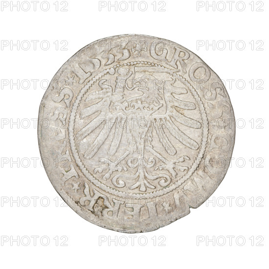 Prussian grosz, Sigismund I the Old (King of Poland; 1506–1548). Obverse: Crowned male bust in profile turned to the right; in the rim between the pearl borders an inscription: .SIGIS.I.REX.PO.DO.TOCI.PRVSSI. Reverse: The Eagle of Royal Prussia; in the rim between the pearl borders the inscription: .GROSS.COMV.TERR.PRVSS.1533. Date: 1533, Torun, Poland. Coin; diameter 22.7–23.0 mm; weight 1.89 g. Subjects/ motifs: eagles, coats of arms, male/royal bust; dynasty: Jagiellonians.