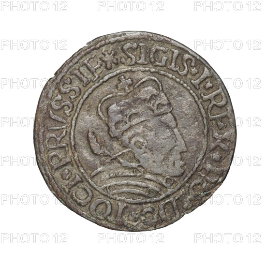 Prussian grosz - forgery; Sigismund I the Old (King of Poland; 1467–1548) (for the original); eagles; Polish coins; Jagiellonians (dynasty); coats of arms; Eagle (coat of arms); male busts; royal bust; iconography: Obv.: Crowned male bust in profile turned to the right, in the rim between the pearl borders an inscription: .SIGIS.I.REX., .DO.TOCI.PRVSSI; Rv.: The Eagle of Royal Prussia, in the rim between the pearl borders the inscription: .GROSS.COMV.TERR.PRVSSIE.1535; after 1535; Torun, Poland; coin; counterfeit; diameter 23.0 mm; diameter 23.7 mm; weight 1.82 g