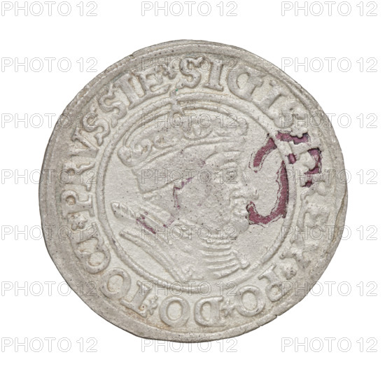 Prussian grosz, Sigismund I the Old (King of Poland; 1506–1548). Obverse: crowned male bust in profile turned to the right; in the rim between the pearl borders an inscription: .SIGIS.I.REX.PO.DO.TOCI.PRVSSIE. Reverse: the Eagle of Royal Prussia; in the rim between the pearl borders the inscription: .GROSS.COMV.TERR.PRVSSIE.1535. 1535, Torun, Poland. Coin; diameter 24.4–24.9 mm; weight 1.6 g.